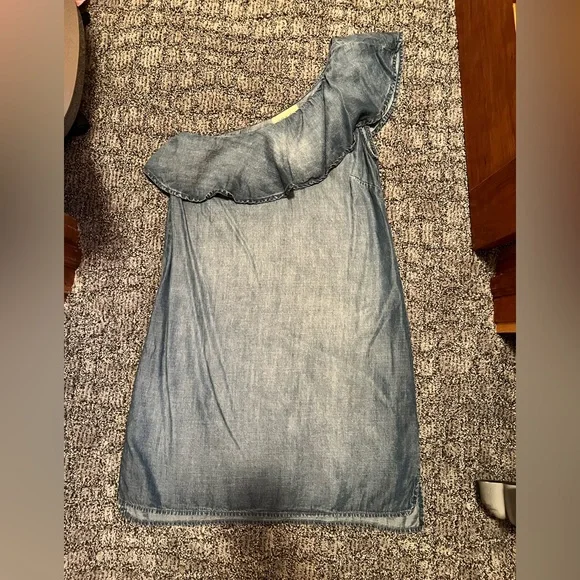 one shoulder chambray dress Mango Pleated One-Shoulder Chambray Dress - Medium Blue